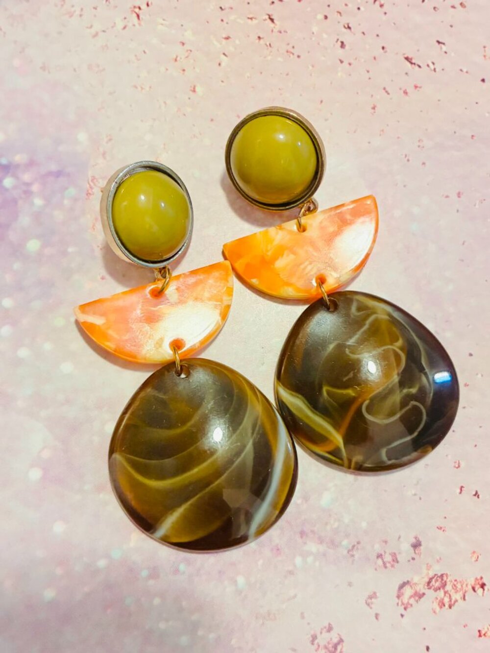 Autumn Color Acrylic Large Earrings: Mid-Century Modern Jewelry, Moss Green,